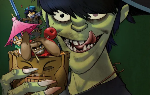 Картинка музыка, зонтик, коктель, группа, Russel, gorillaz, murdoc, noodle