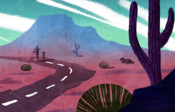 Дорога, пустыня, арт, кактусы, нарисованный пейзаж