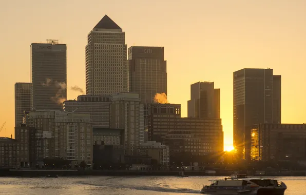 Картинка солнце, город, рассвет, дома, небоскребы, утро, London, England