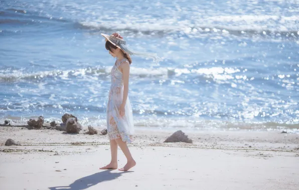 Beautiful, Asian, Model, Coast, Water, Shadow, Sand, Woman