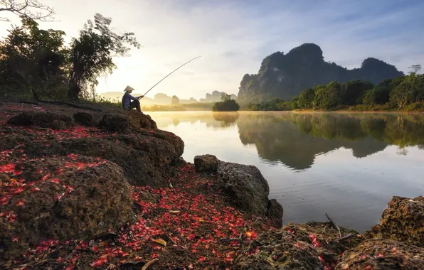 Пейзаж, горы, природа, отражение, камни, человек, рыбак, Таиланд