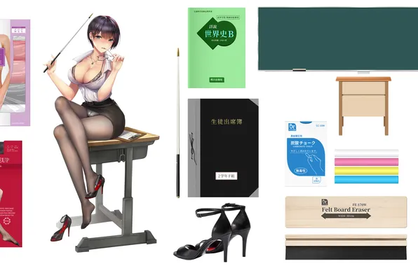 Stick, chalk, pantyhose, teacher, desk, briefs, sandal, eraser