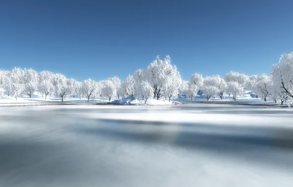 Картинка зима, лес, снег, река
