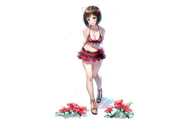 Girl, sexy, cleavage, green eyes, brown hair, boobs, anime, flowers