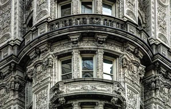 Дом, Нью-Йорк, окно, балкон, США, архитектура, Манхэттен, карниз