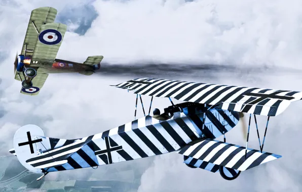 Графика, арт, Fokker D.VII, Hans Kirschstein, Sopwith Camel, camel in flames, roen911