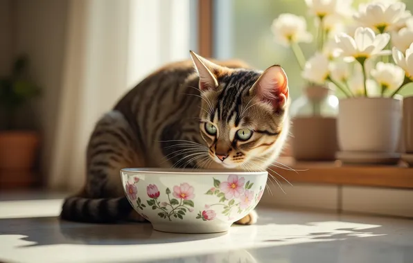 Кошка, кот, взгляд, цветы, поза, миска, мордашка, корм