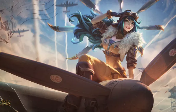 Girl, fantasy, game, tower, green eyes, aircraft, planes, League of Legends
