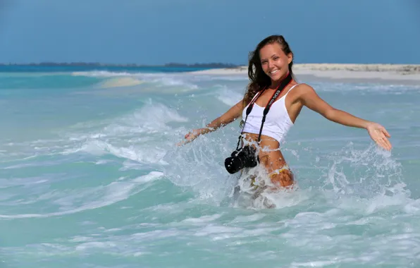 Happy, beach, ocean, smile, water, camera, splash, wave
