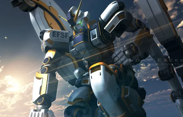 Небо, рассвет, робот, утро, Mobile Suit Gundam