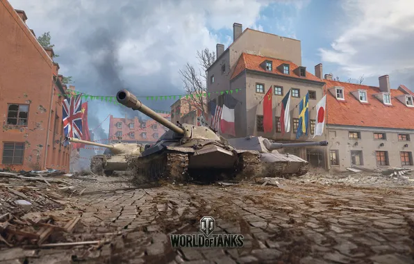 Здания, танк, флаги, мостовая, World of Tanks
