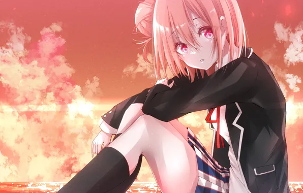 Море, девушка, солнце, закат, Yui Yuigahama, Yahari Ore no Seishun Love Comedy wa Machigatteiru