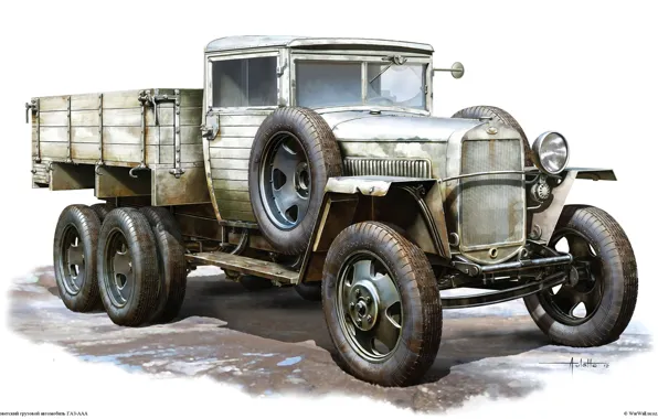Рисунок, арт, автомобиль, грузовой, советский, ГАЗ-ААА, образца 1943 года, ВоВ