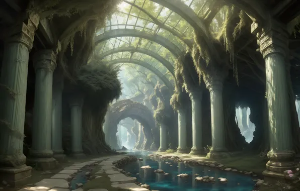 Landscape, art, pathway, digital art, temple, mysterious, thicket, desolation