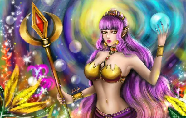 Девушка, магия, шар, арт, посох, фиолетовые волосы, Lilyzou