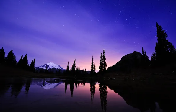 Картинка небо, звезды, ночь, озеро, гора