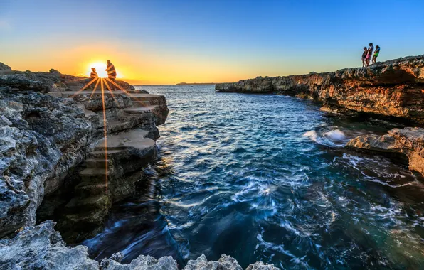 Океан, скалы, рассвет, прибой, Menorca, Cala Blanca