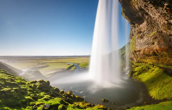 Картинка пейзаж, природа, скала, река, водопад, грот