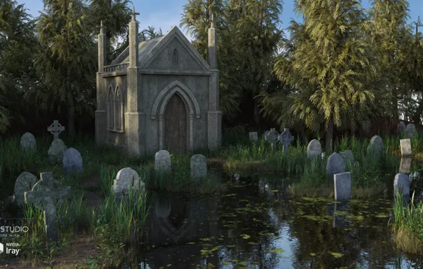 Деревья, кресты, могилы, храм, Flooded Cemetery