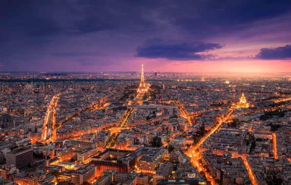 Картинка небо, облака, свет, город, огни, Франция, Париж, вечер