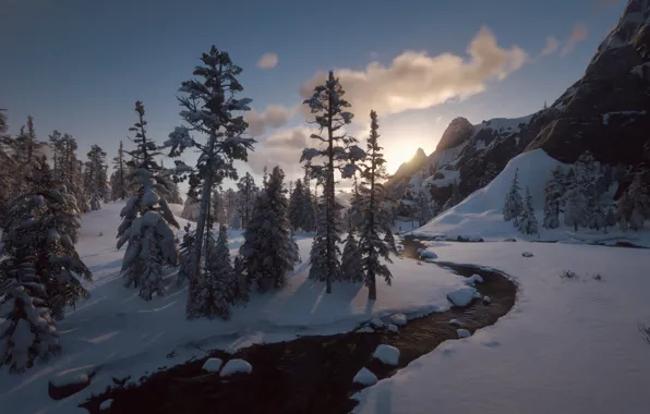 HDR, Nature, Clouds, Wood, Winter, Mountain, Snow, Game