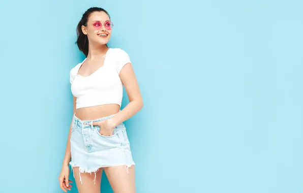 Girl, beauty, tank top, denim, mini skirt, glamorous
