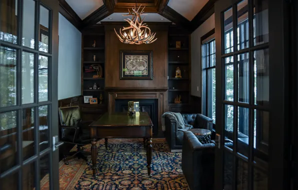 Дизайн, стиль, интерьер, камин, рабочий кабинет, домашний офис, office study, luxurious lake home