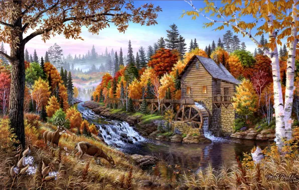 Картинка осень, деревья, пейзаж, природа, река, арт, олени, водяная мельница