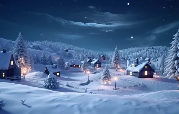 Зима, снег, ночь, lights, елки, Новый Год, деревня, Рождество