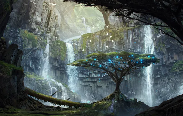 Картинка деревья, огни, скалы, арт, водопады