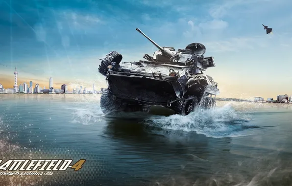 Картинка море, город, война, танк, бтр, Battlefield 4