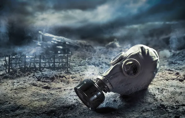 City, destruction, gas mask