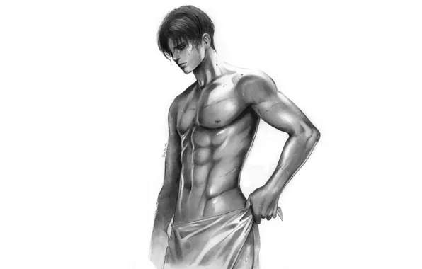 Секси, рисунок, полотенце, арт, парень, торс, Атака Титанов, Shingeki No Kyojin
