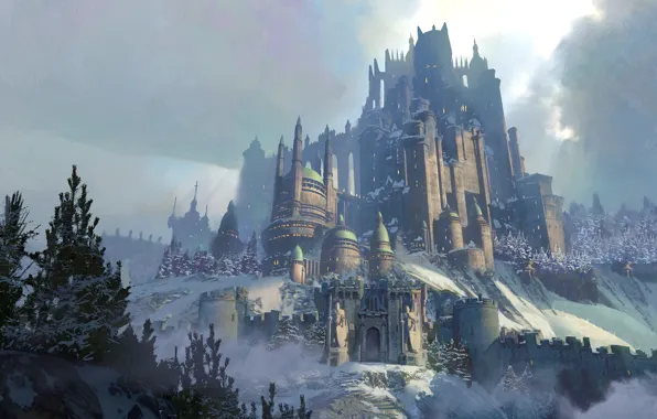 Картинка лес, горы, замок, крепость, wintercastle, frozen stronghold