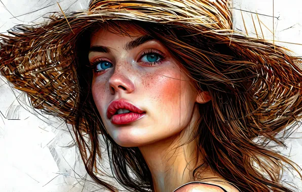 Картинка girl, art, lips, face, portrait, straw hat