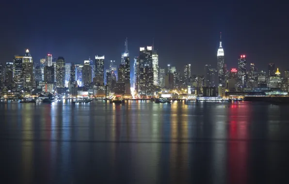Картинка ночь, огни, река, америка, сша, штаты, usa, new york city
