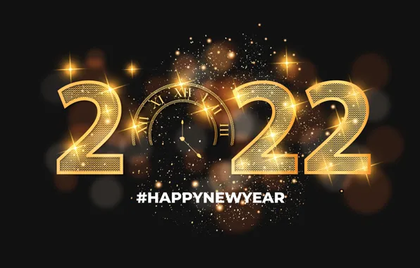 Картинка фон, золото, часы, цифры, Новый год, 2022, хештег