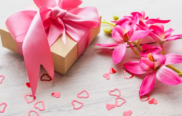 Подарок, лента, love, heart, орхидея, pink, valentine's day, gift