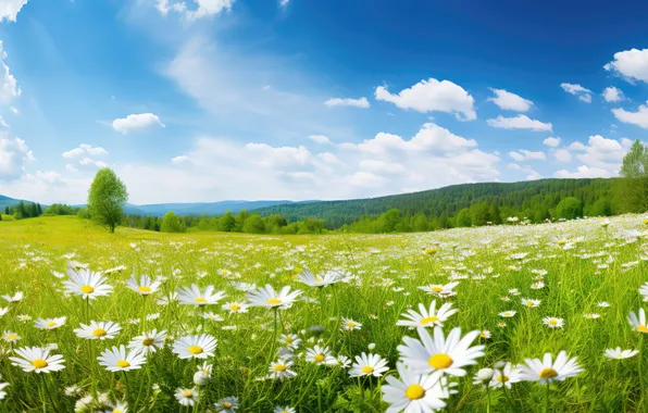Картинка поле, солнце, цветы, ромашки, весна, луг, sunshine, spring