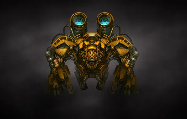 Картинка желтый, трансформеры, темный фон, оружие, механизм, робот, пушки, transformers