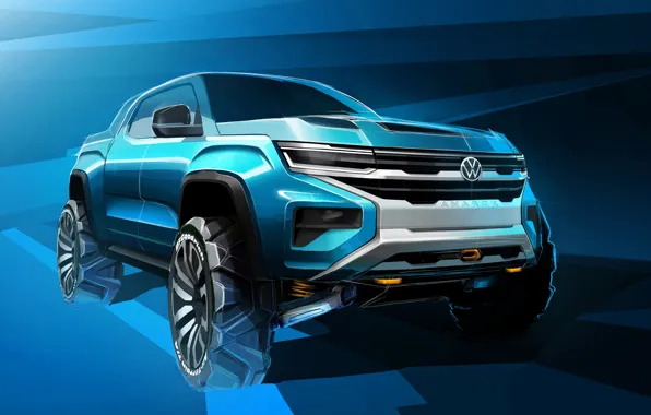 Volkswagen, Голубой, Пикап, Арт, Фольксваген, Amarok, 2022