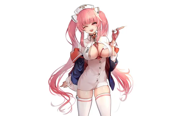 Girl, sexy, cleavage, thighhighs, pink hair, long hair, dress, boobs