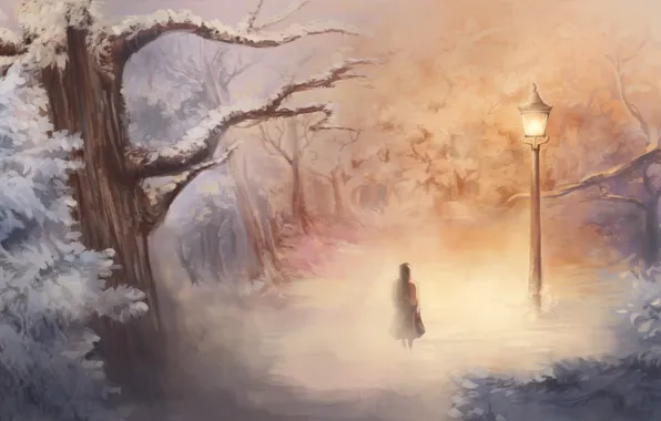 Картинка зима, арт, девочка, фонарь, Нарния, Narnia