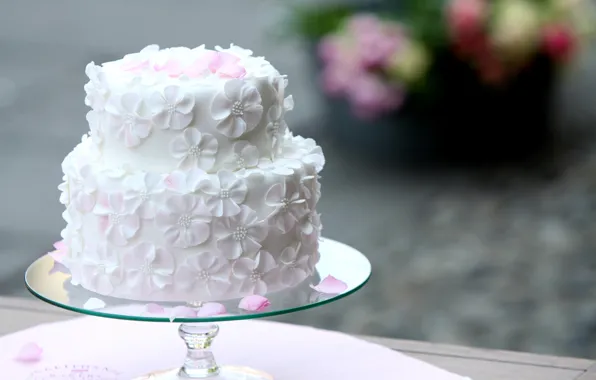 Белый, торт, украшение, цветочки, свадебный