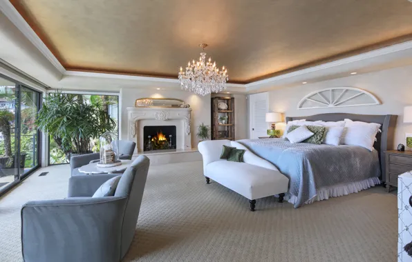 Дизайн, подушки, люстра, камин, особняк, Design, спальня, Bedroom