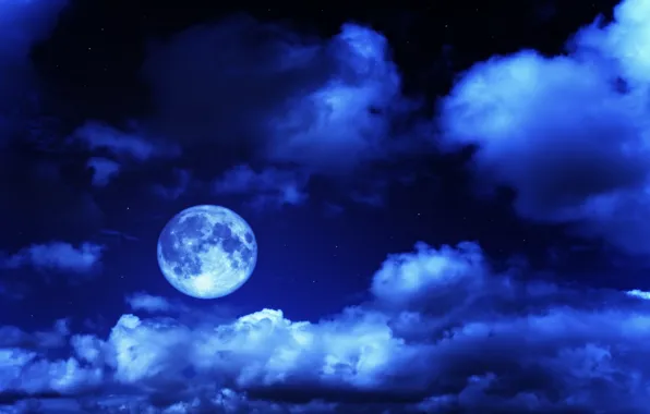 Картинка небо, облака, ночь, луна, звёзды