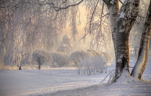Картинка зима, иней, снег, природа, дерево, церковь, Россия