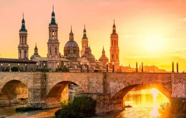 Картинка солнце, мост, река, собор, Испания, Сарагоса