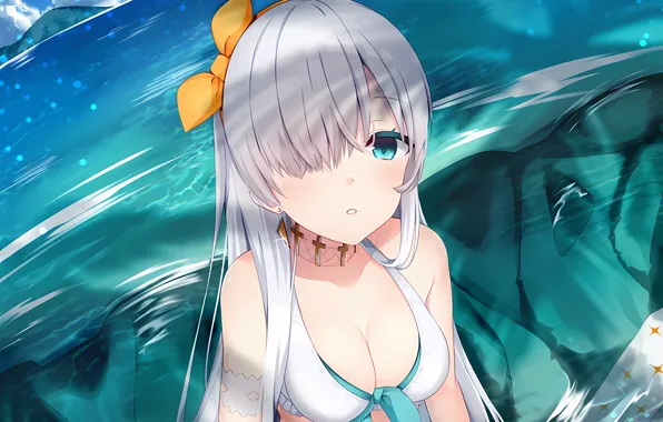Girl, sexy, Anastasia, cleavage, long hair, sea, boobs, anime