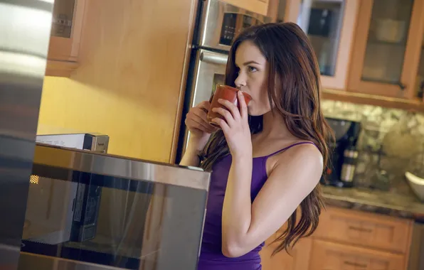 Картинка sexy, brown eyes, brunette, breasts, delight, microwave, Jenna Ross, cup of coffee